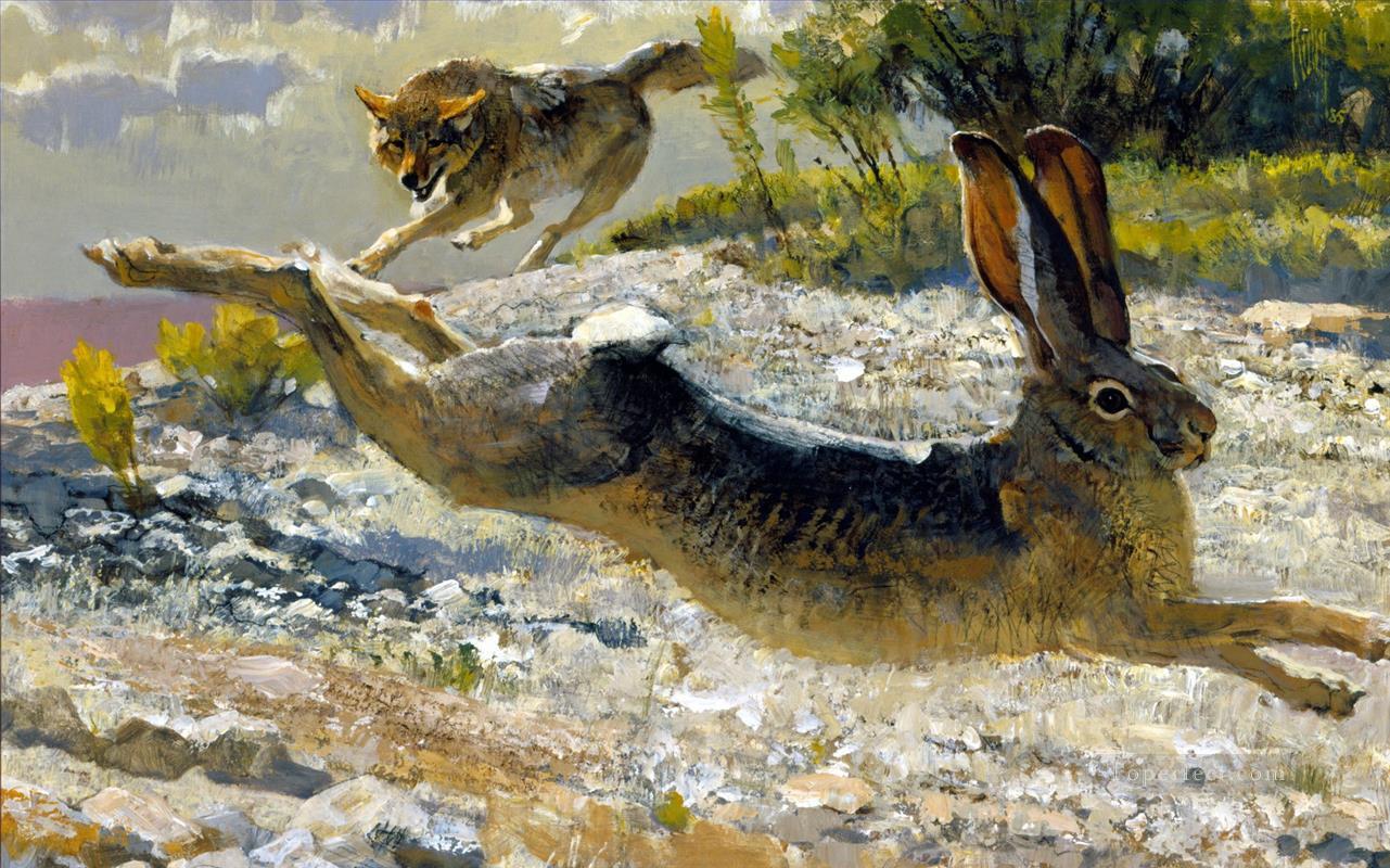オオカミ狩りのウサギ油絵